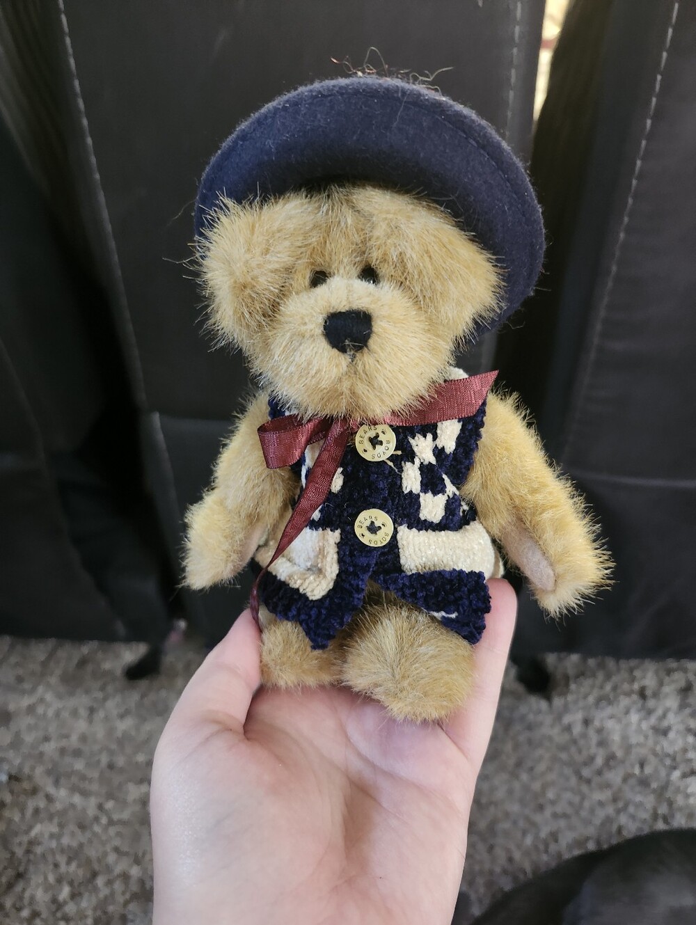 Boyds Bears Tan Teddy in Navy Knit Vest & Hat with Burgundy Ribbon
